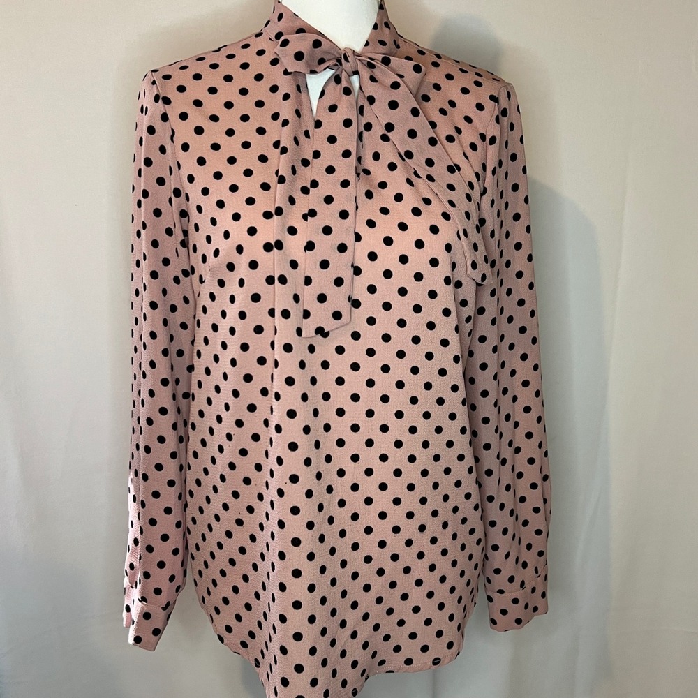 Ann Taylor Pink Polka Dot Tie Neck Blouse Long Sleeve Top RN59782 Size M